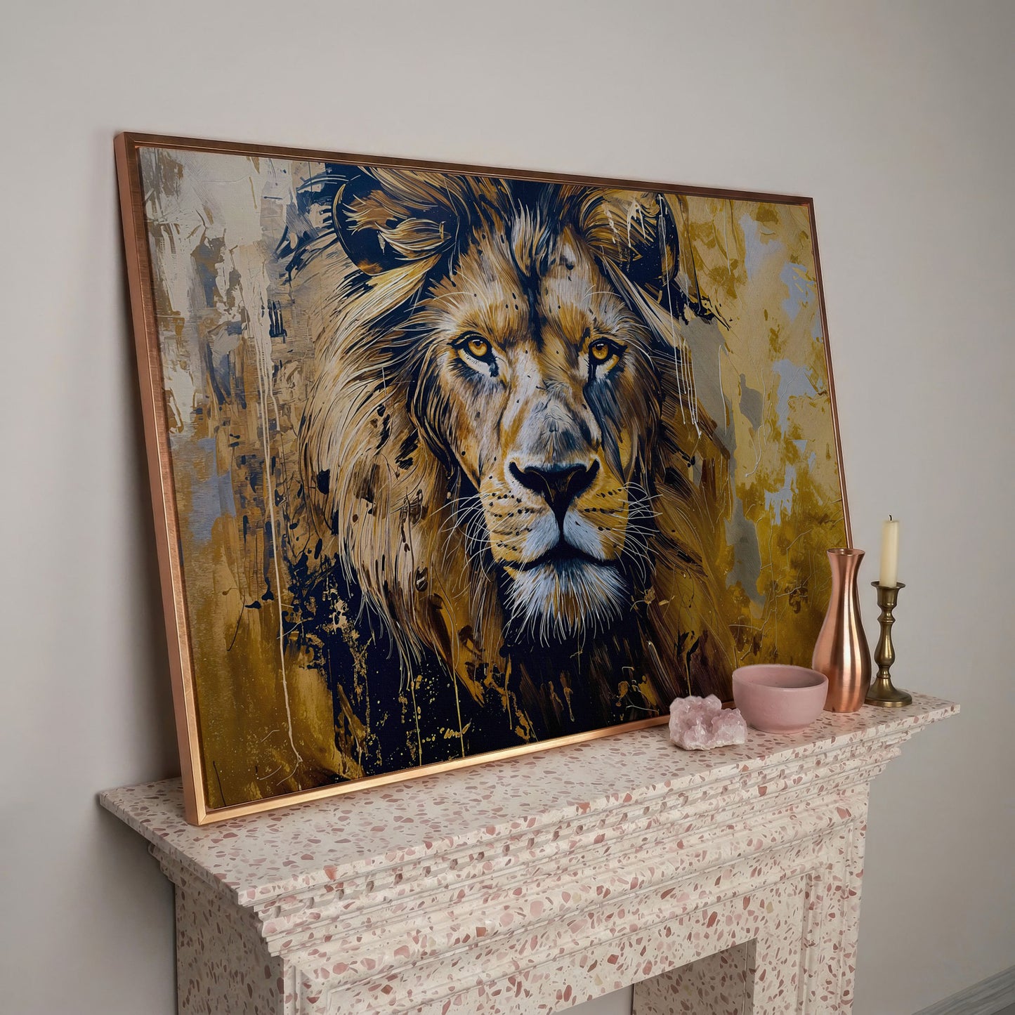 Lion Head Canvas Print in Ochre and Charcoal in rose gold floating frame