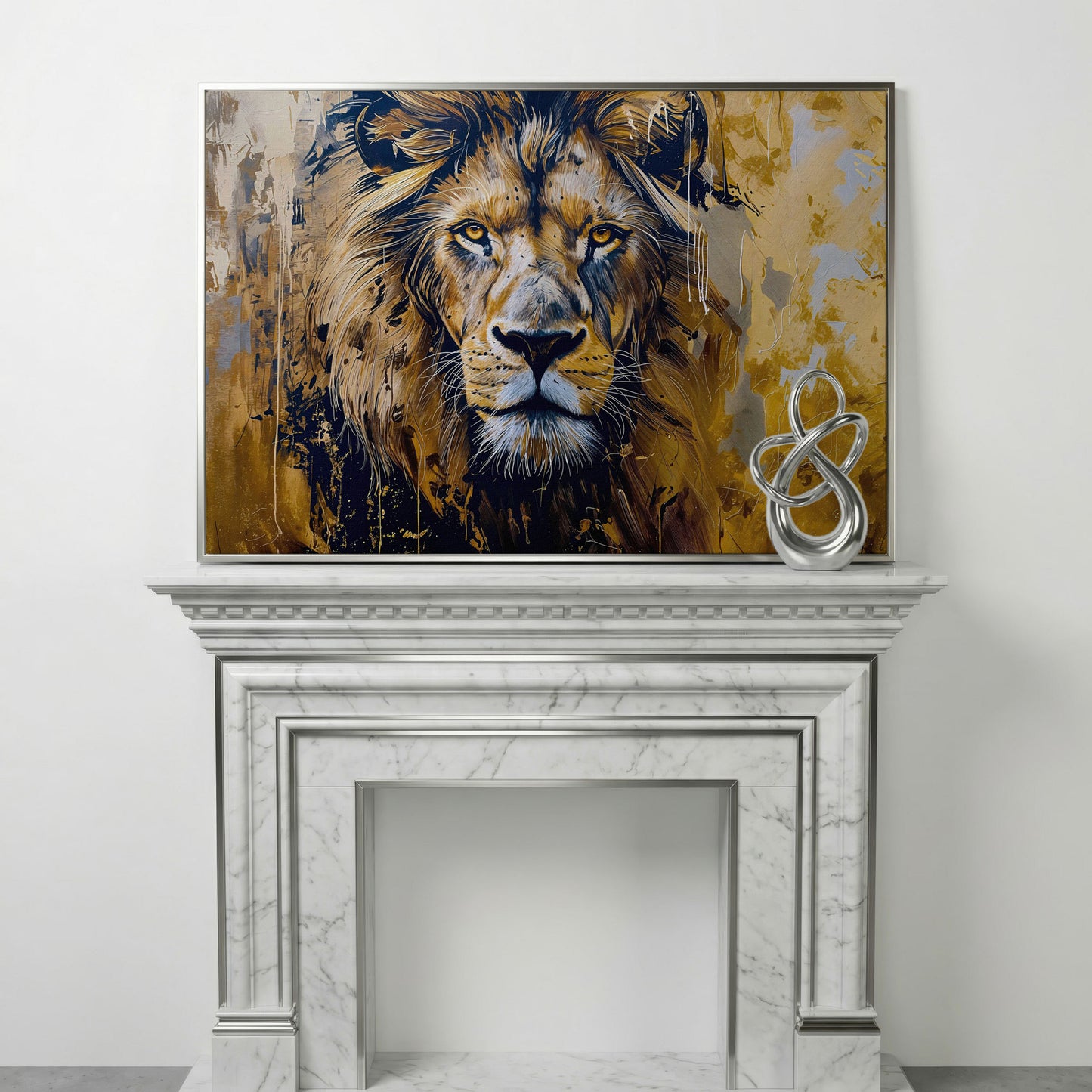 Lion Head Canvas Print in Ochre and Charcoal in silver floating frame
