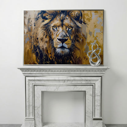 Lion Head Canvas Print in Ochre and Charcoal in silver floating frame