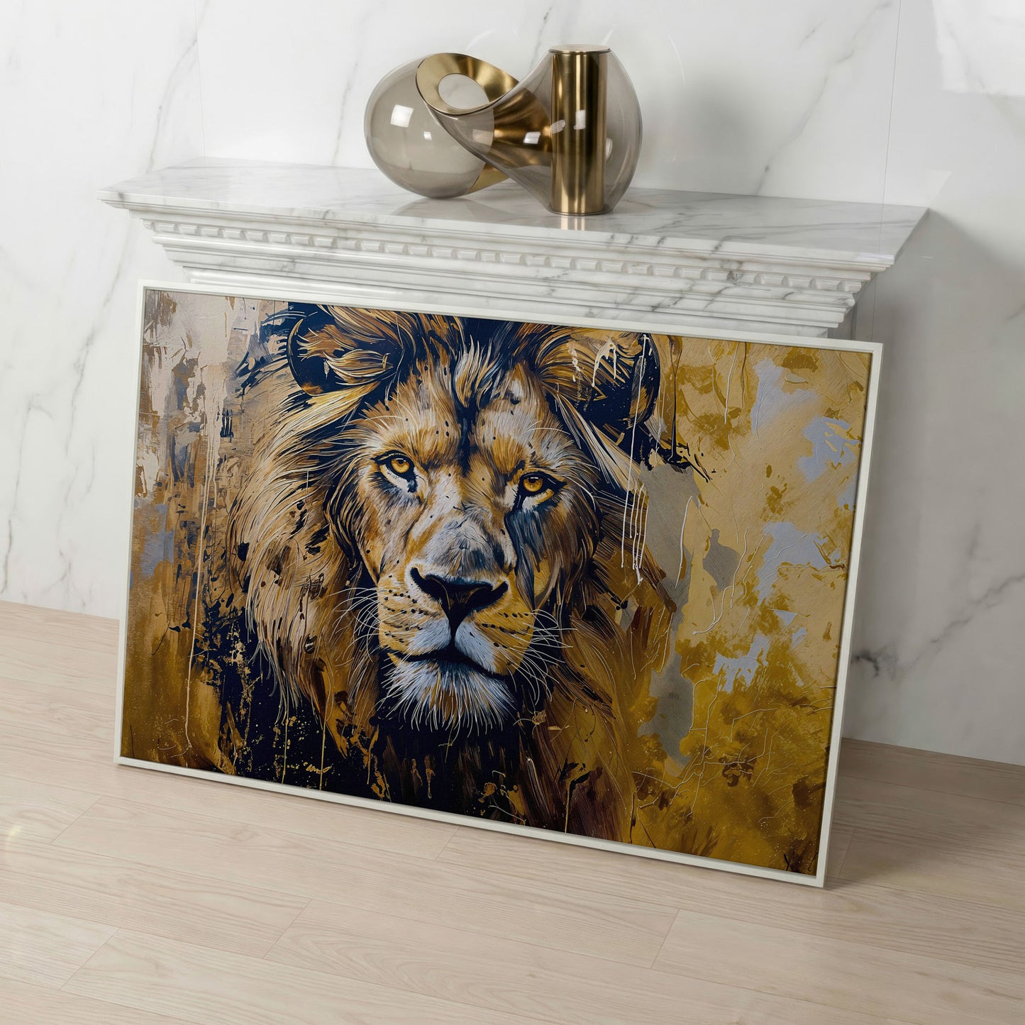 Lion Head Canvas Print in Ochre and Charcoal in white floating frame