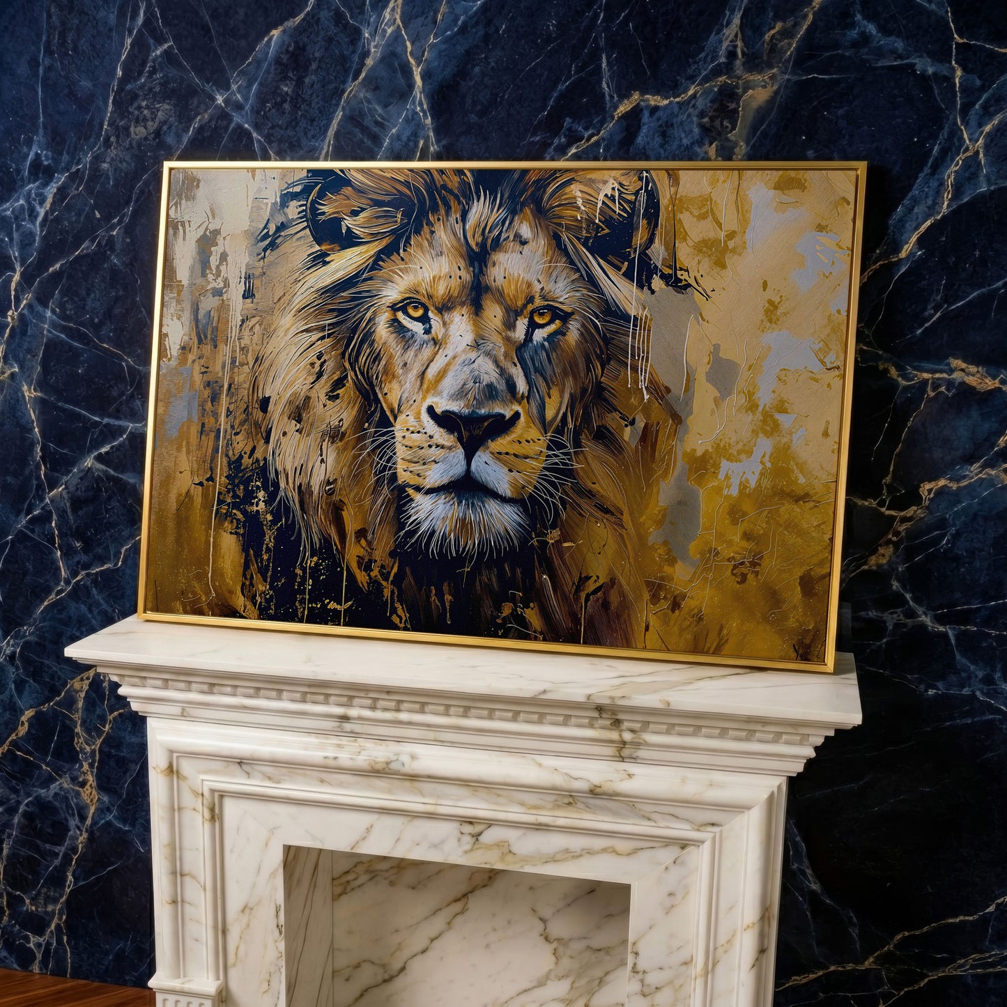 Lion Head Canvas Print in Ochre and Charcoal in yellow gold floating frame