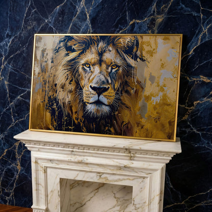 Lion Head Canvas Print in Ochre and Charcoal in yellow gold floating frame