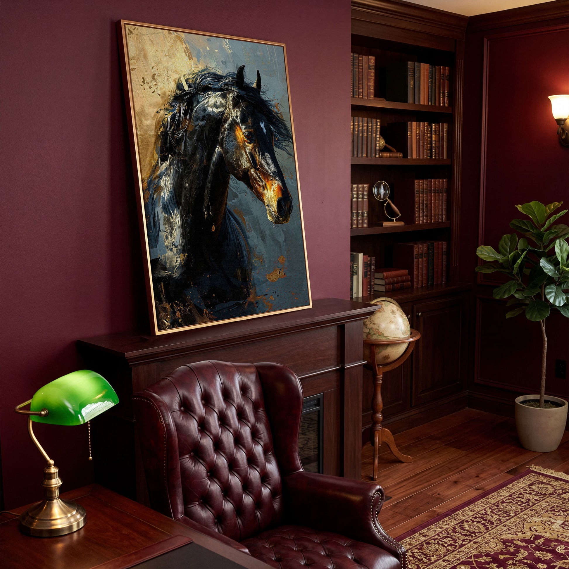 Black Horse Portrait Canvas with Gold Accents in antique gold floating frame