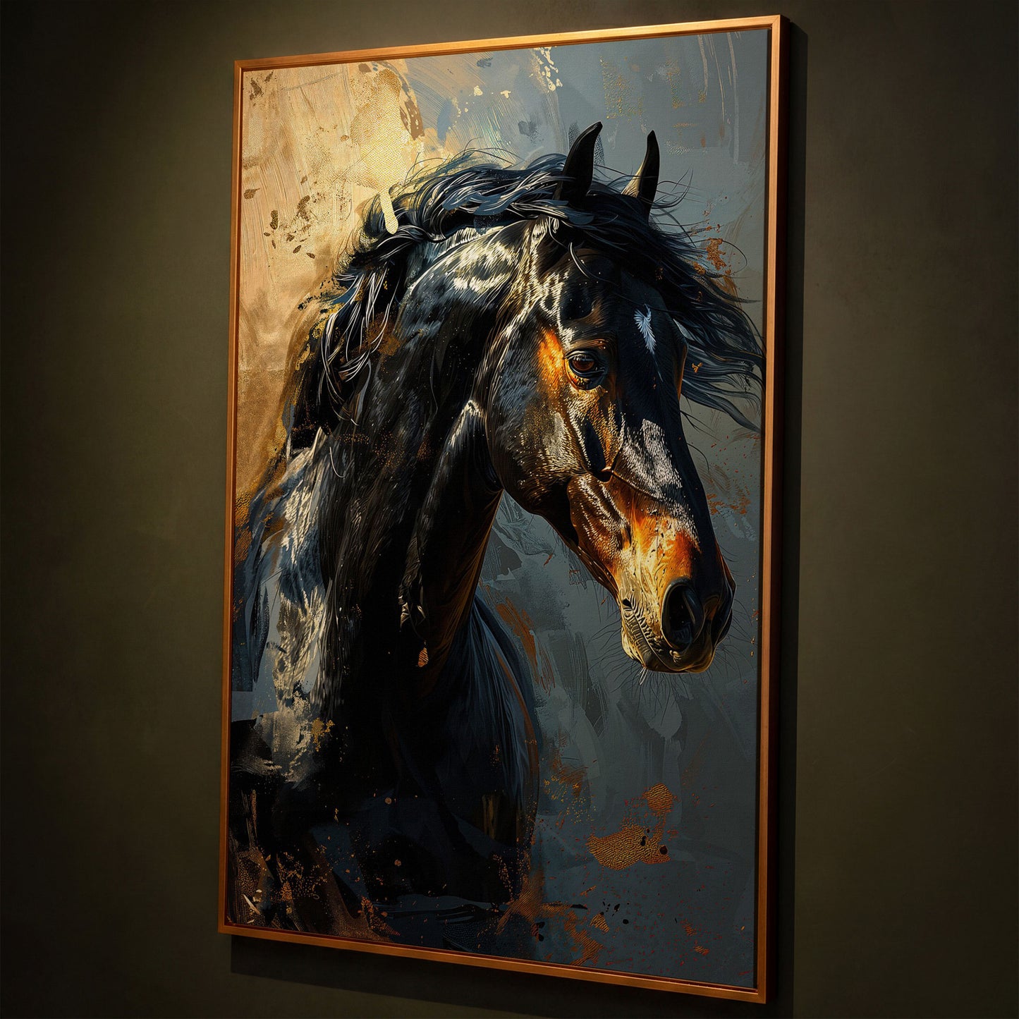 Black Horse Portrait Canvas with Gold Accents shown in antique gold floating frame