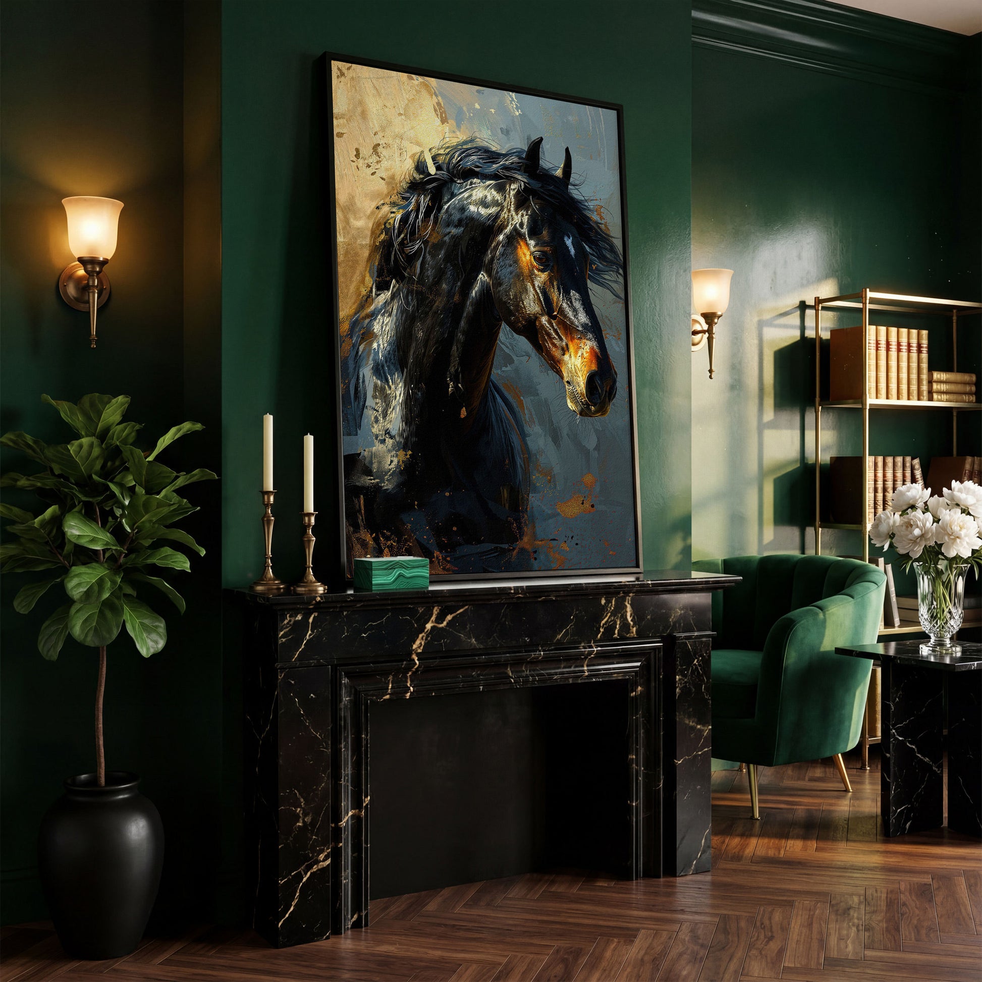 Black Horse Portrait Canvas with Gold Accents in black floating frame