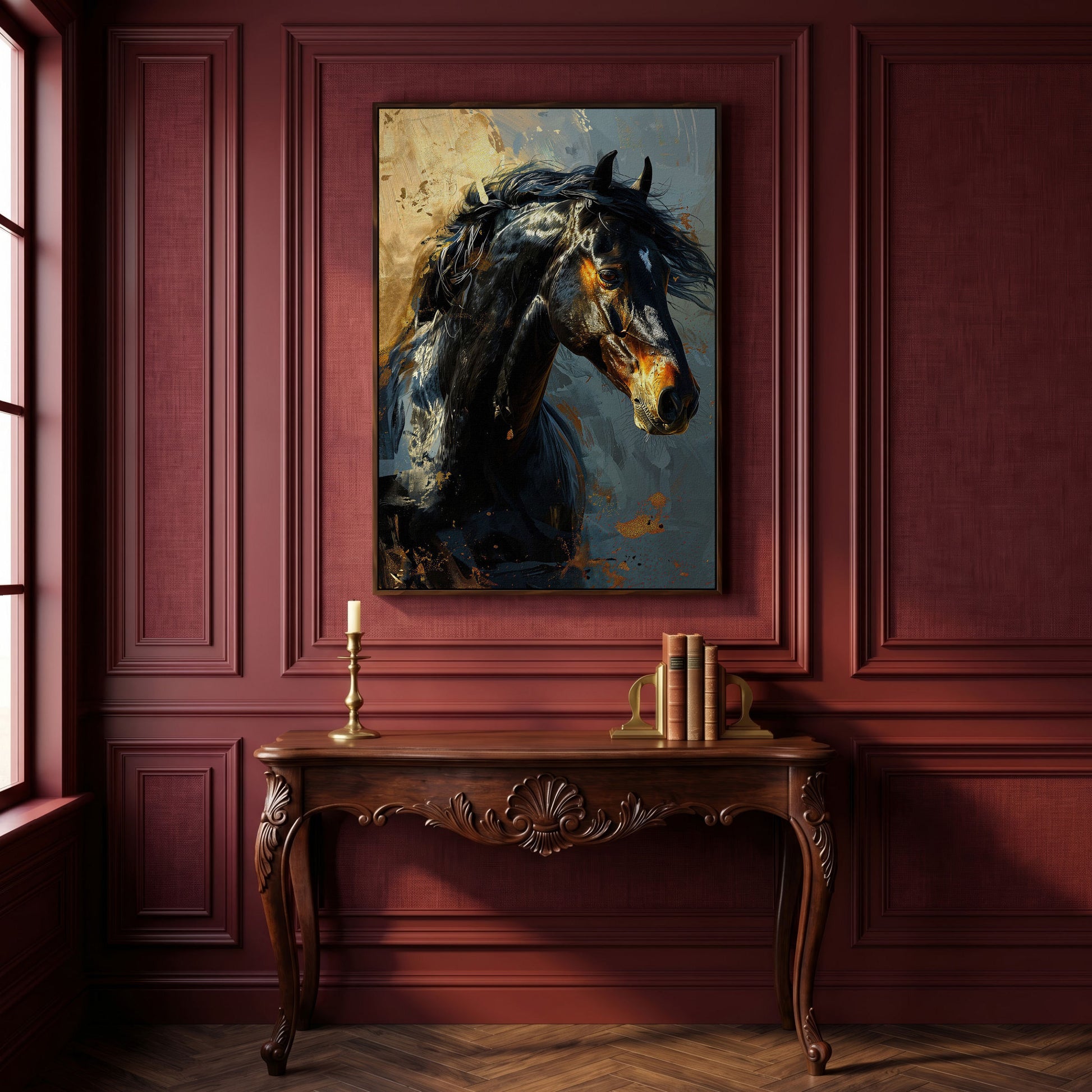 Black Horse Portrait Canvas with Gold Accents in dark walnut floating frame
