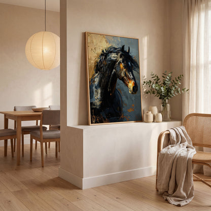 Black Horse Portrait Canvas with Gold Accents in white oak floating frame
