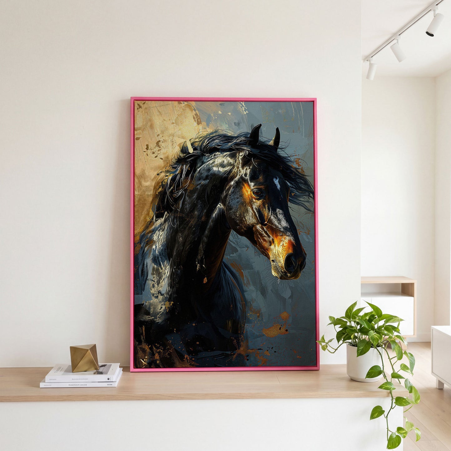 Black Horse Portrait Canvas with Gold Accents in pink floating frame