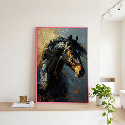 Black Horse Portrait Canvas with Gold Accents in pink floating frame