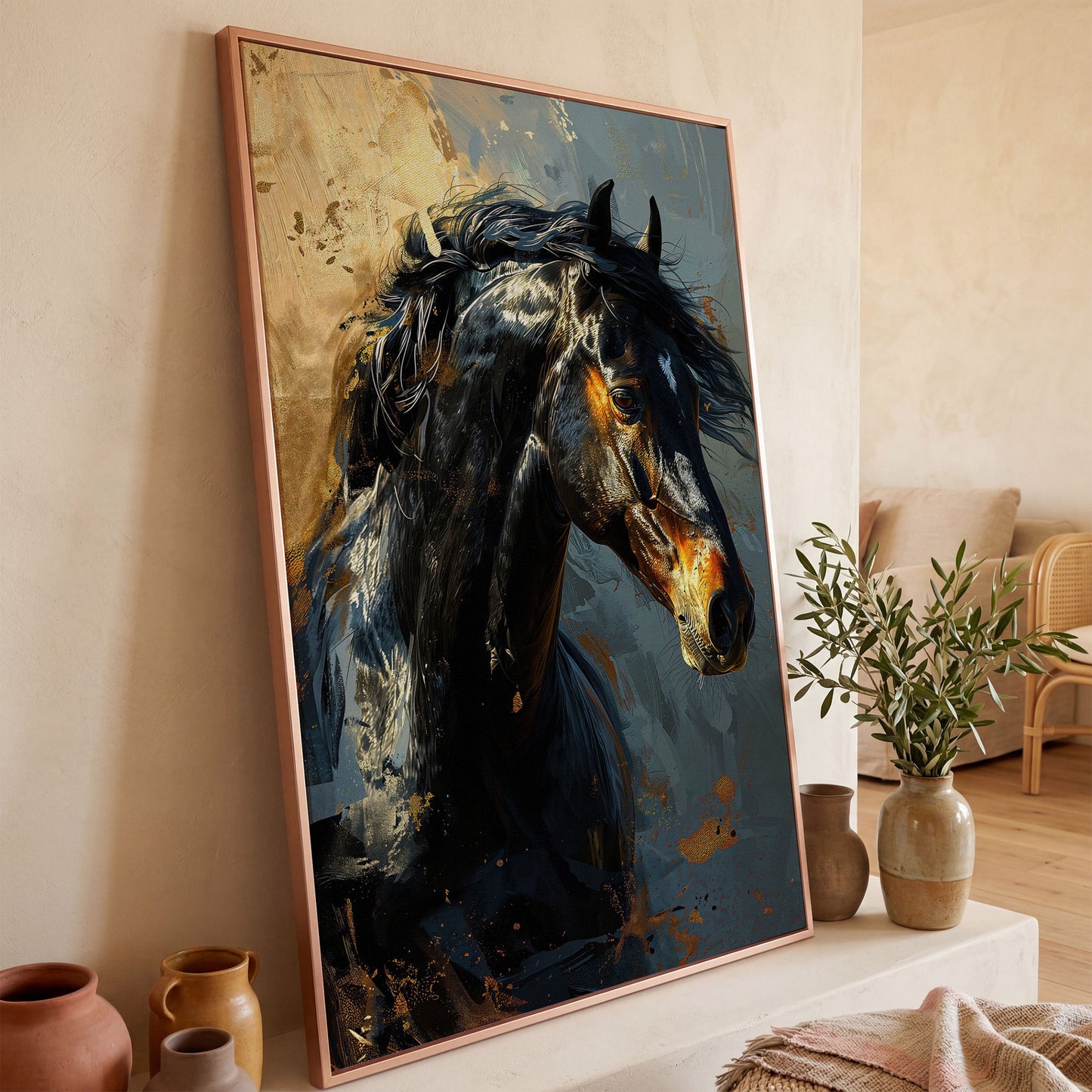 Black Horse Portrait Canvas with Gold Accents in rose gold floating frame