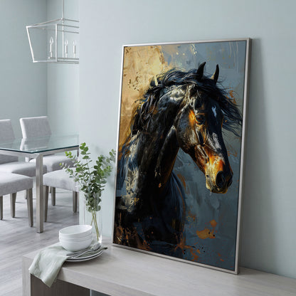 Black Horse Portrait Canvas with Gold Accents in silver floating frame