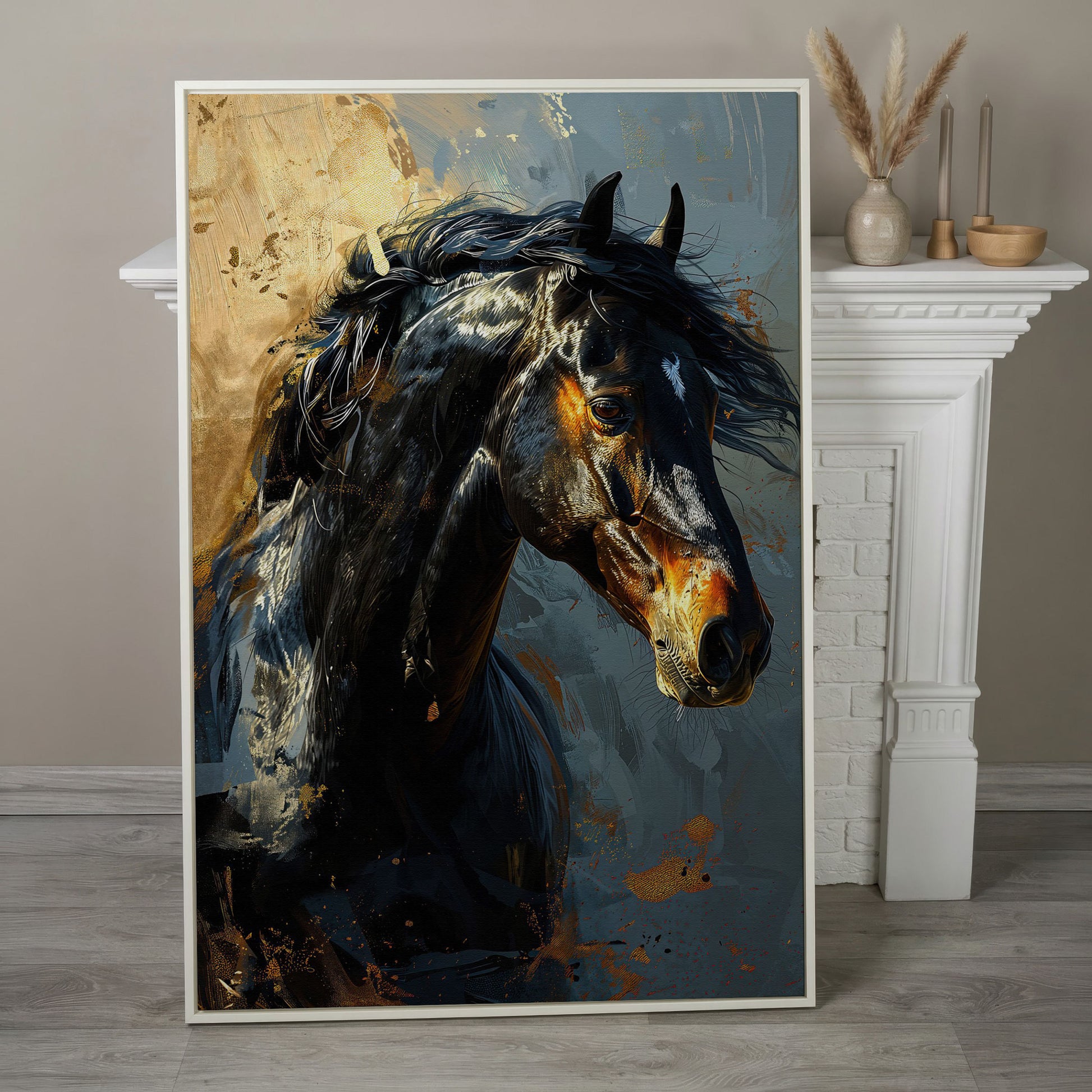 Black Horse Portrait Canvas with Gold Accents in white floating frame