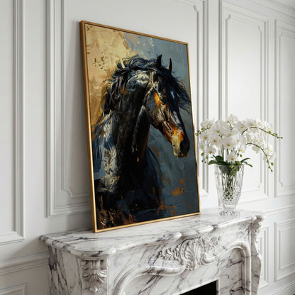 Black Horse Portrait Canvas with Gold Accents in yellow gold floating frame
