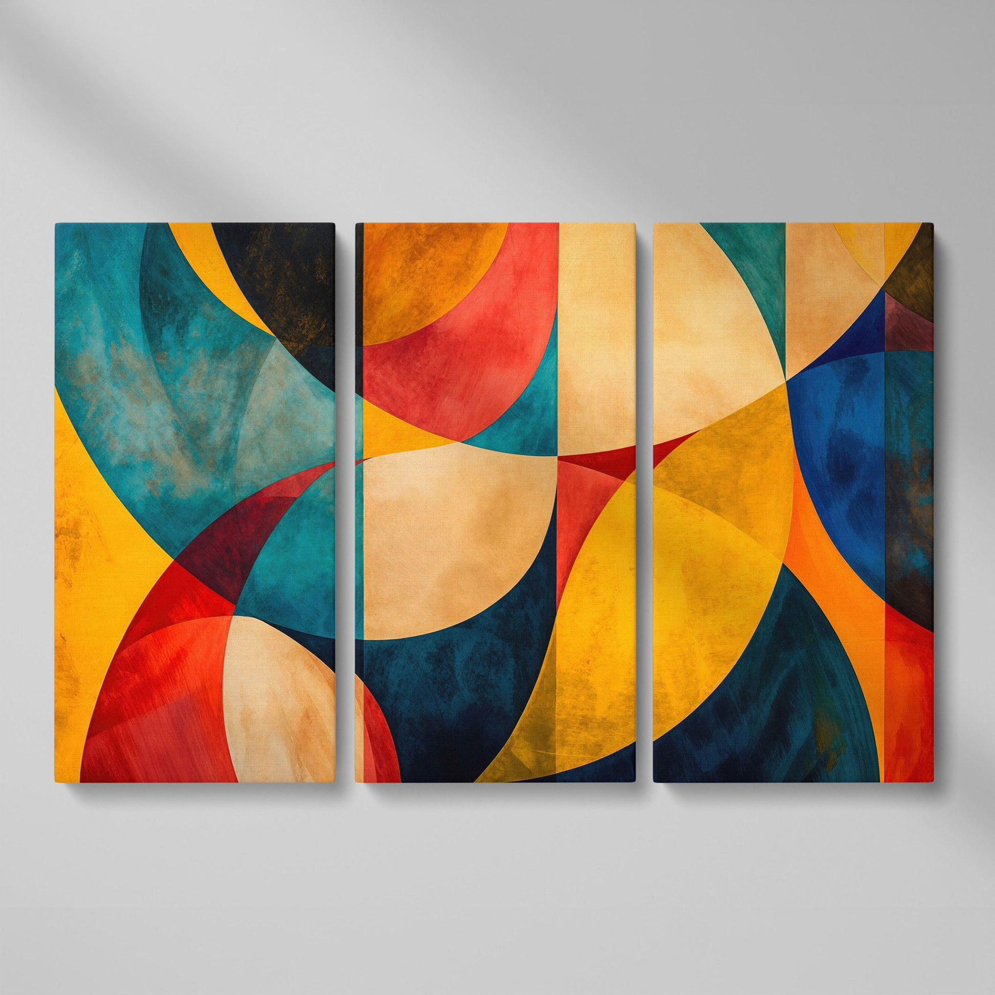 Geometric Abstract Canvas with Teal, Ochre & Terracotta as 3-panel split version