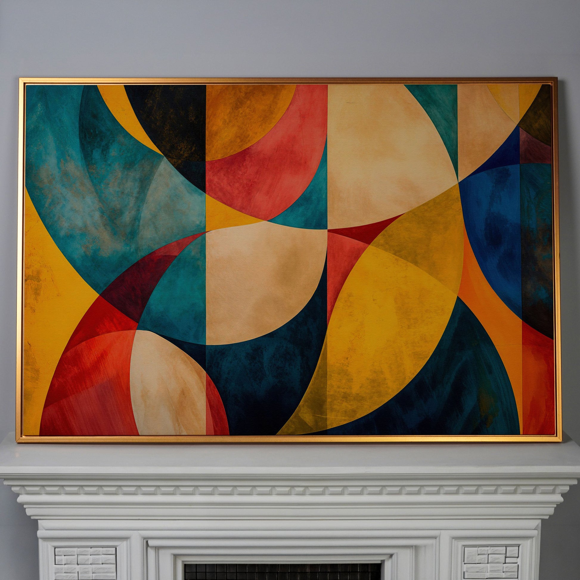 Geometric Abstract Canvas with Teal, Ochre & Terracotta in antique gold floating frame