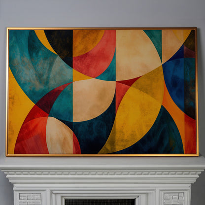 Geometric Abstract Canvas with Teal, Ochre & Terracotta in antique gold floating frame
