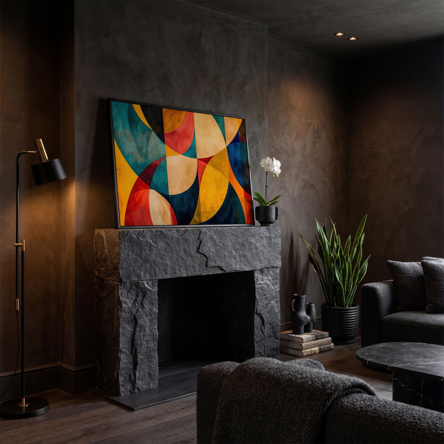 Geometric Abstract Canvas with Teal, Ochre & Terracotta in black floating frame