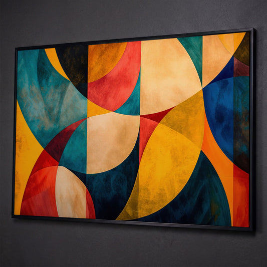 Geometric Abstract Canvas with Teal, Ochre & Terracotta shown in black floating frame