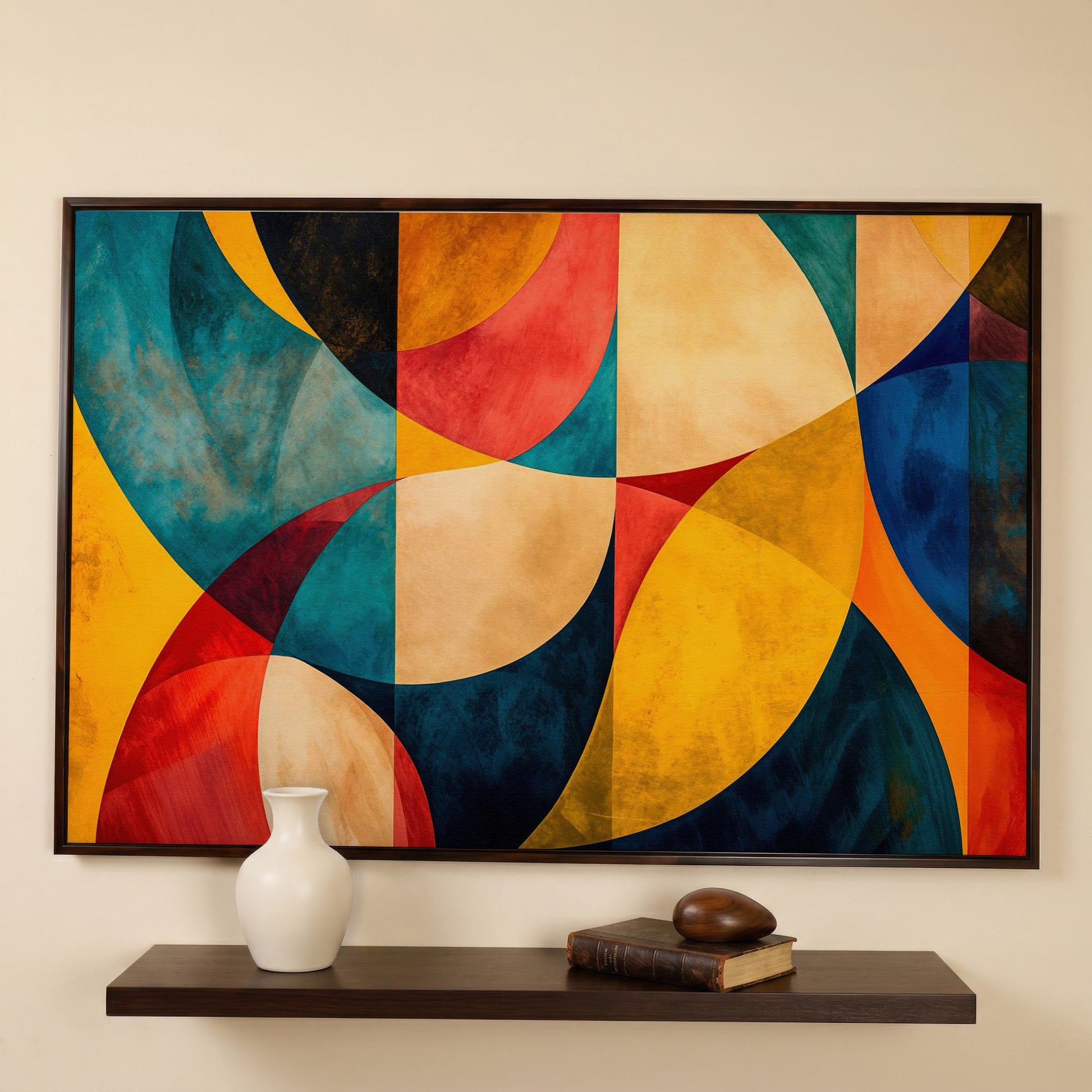Geometric Abstract Canvas with Teal, Ochre & Terracotta in dark walnut floating frame