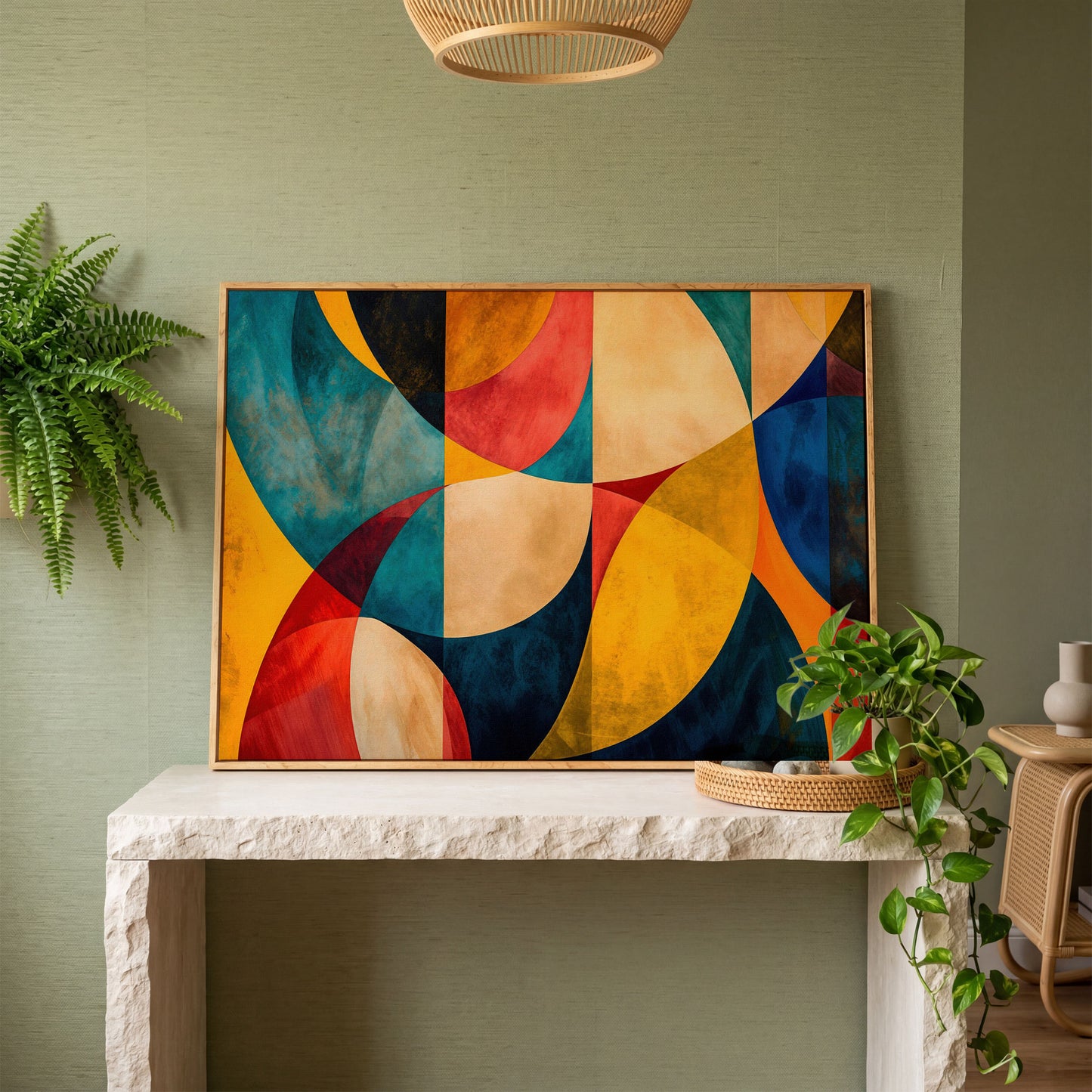 Geometric Abstract Canvas with Teal, Ochre & Terracotta in white oak floating frame