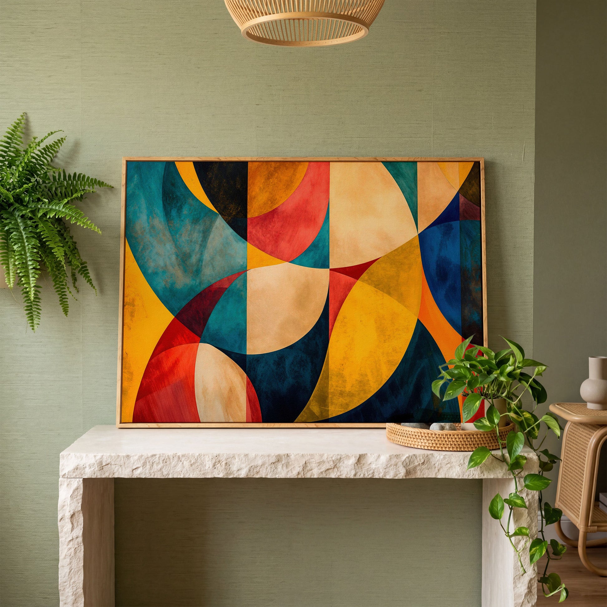 Geometric Abstract Canvas with Teal, Ochre & Terracotta in white oak floating frame