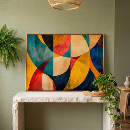 Geometric Abstract Canvas with Teal, Ochre & Terracotta in white oak floating frame