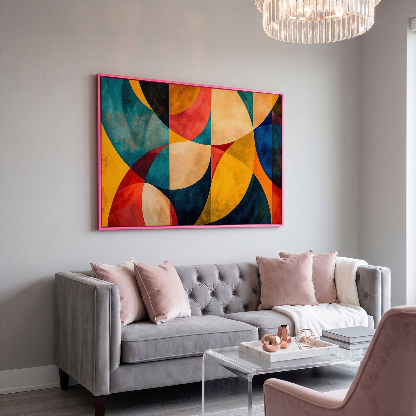 Geometric Abstract Canvas with Teal, Ochre & Terracotta in pink floating frame