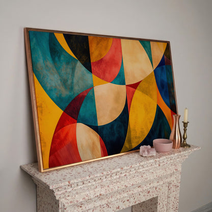 Geometric Abstract Canvas with Teal, Ochre & Terracotta in rose gold floating frame