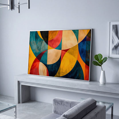 Geometric Abstract Canvas with Teal, Ochre & Terracotta in silver floating frame