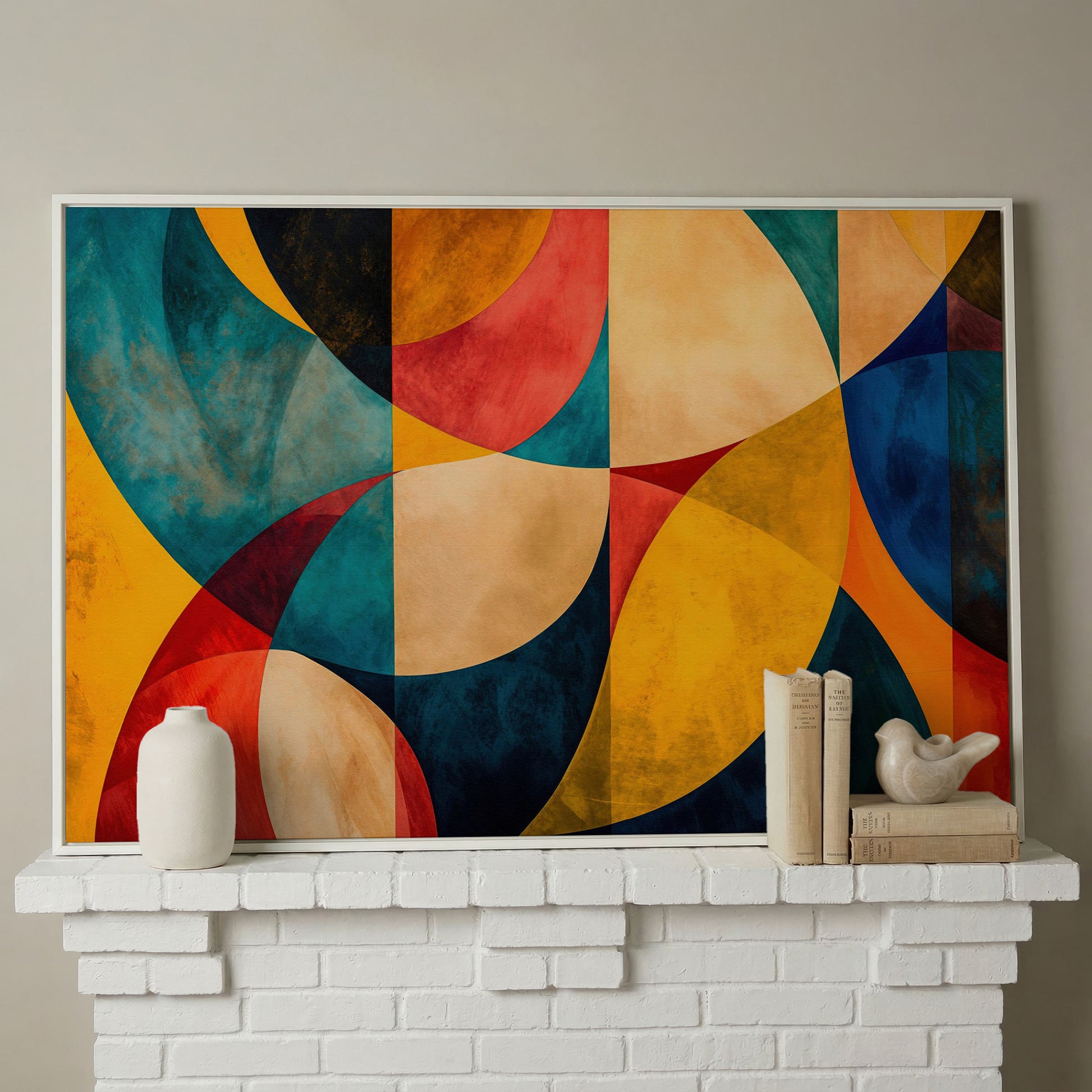 Geometric Abstract Canvas with Teal, Ochre & Terracotta in white floating frame