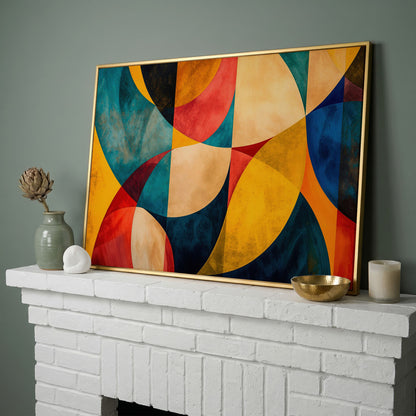 Geometric Abstract Canvas with Teal, Ochre & Terracotta in yellow gold floating frame