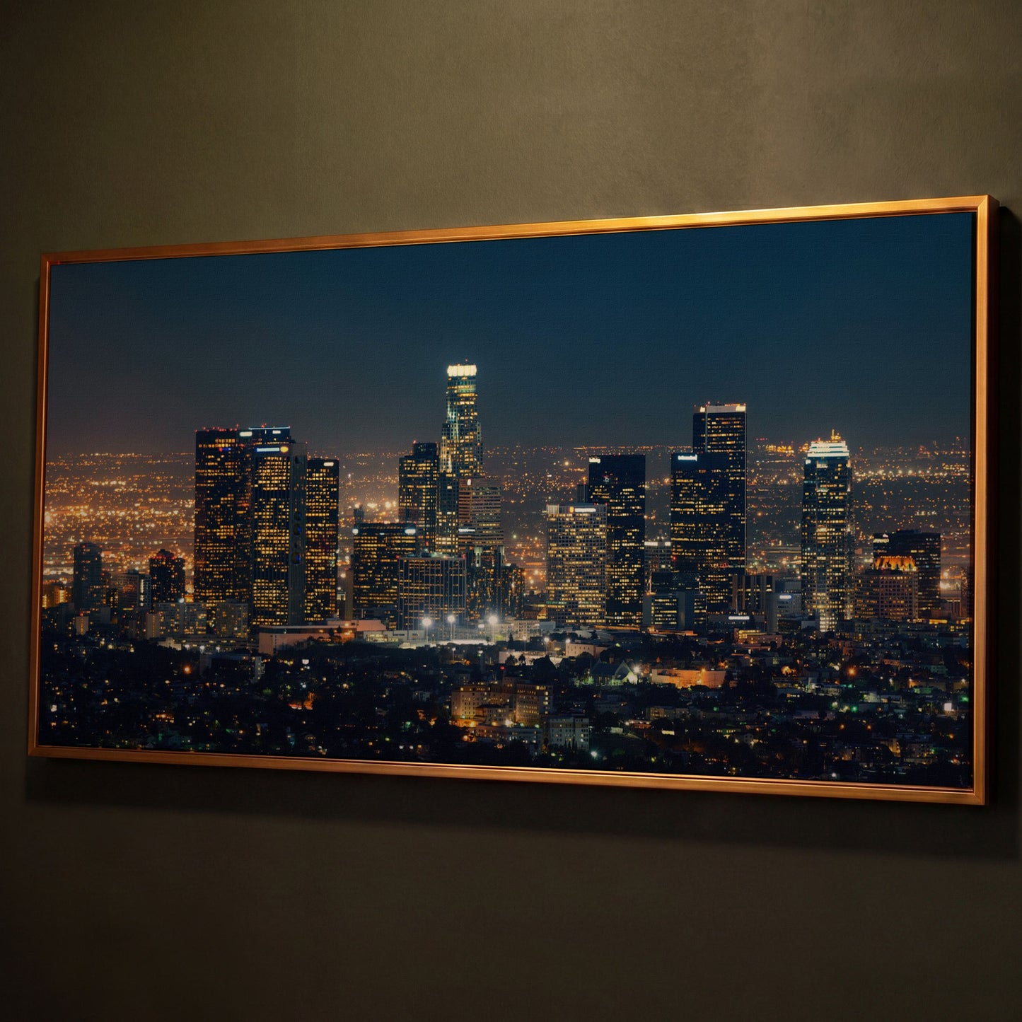 Los Angeles Cityscape Architectural Canvas shown in antique gold floating frame