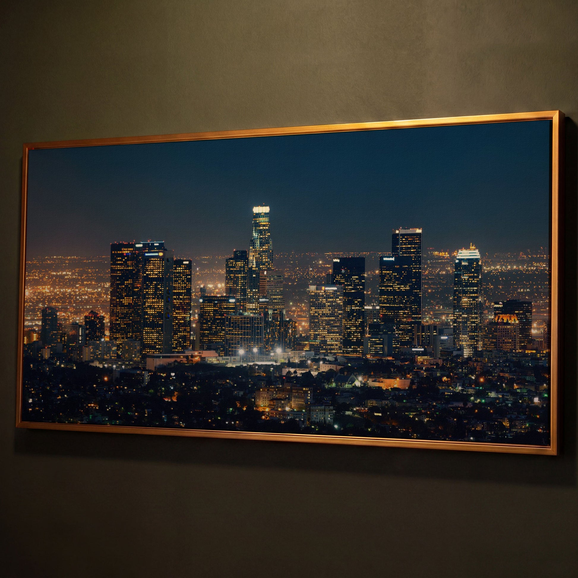 Los Angeles Cityscape Architectural Canvas shown in antique gold floating frame