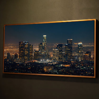 Los Angeles Cityscape Architectural Canvas shown in antique gold floating frame