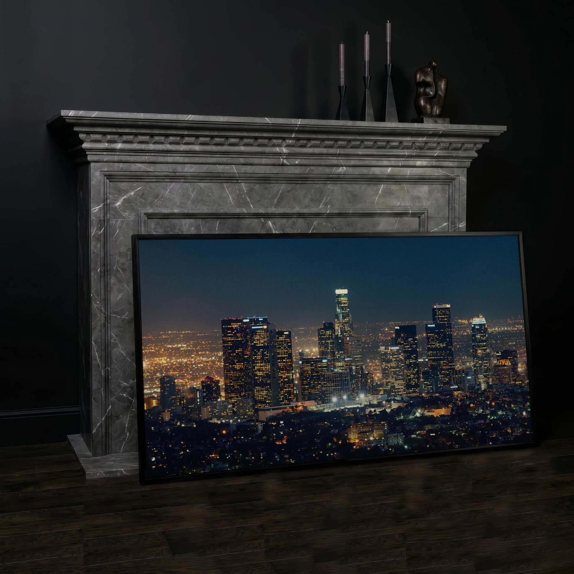 Los Angeles Cityscape Architectural Canvas in black floating frame