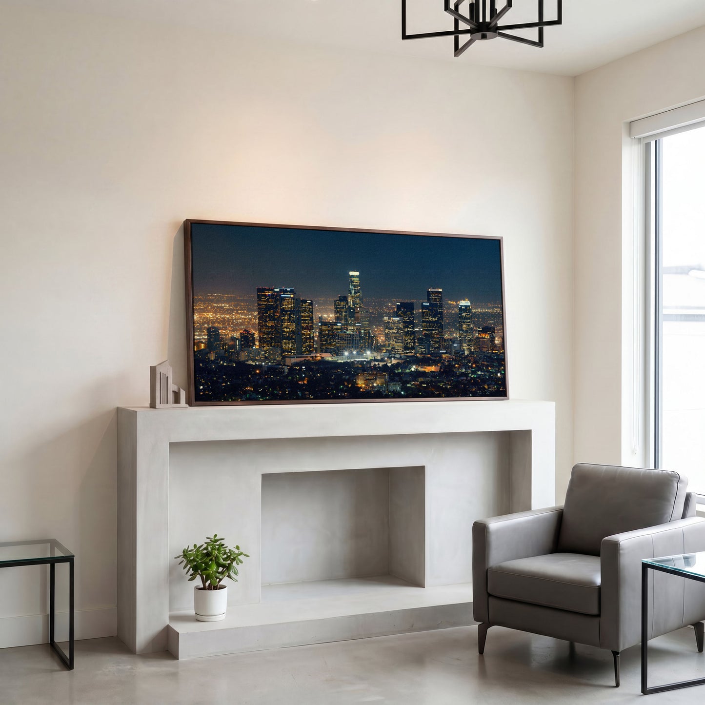Los Angeles Cityscape Architectural Canvas in dark walnut floating frame