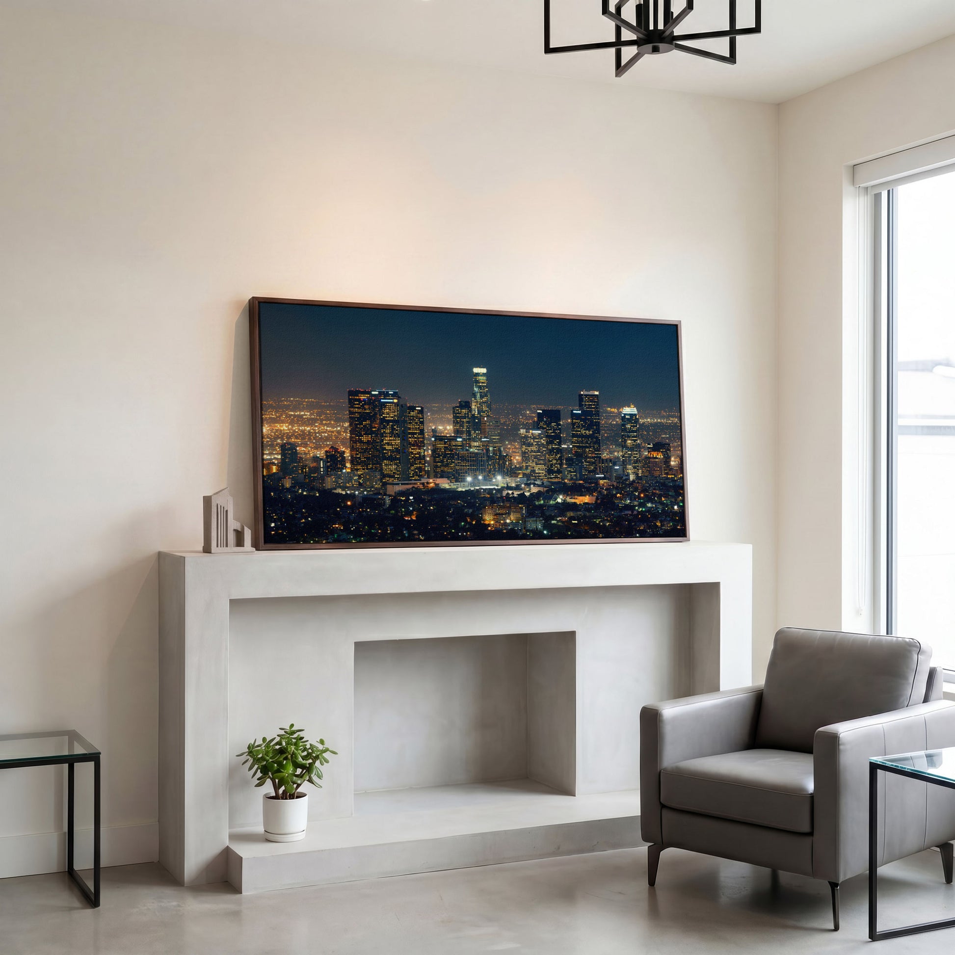 Los Angeles Cityscape Architectural Canvas in dark walnut floating frame