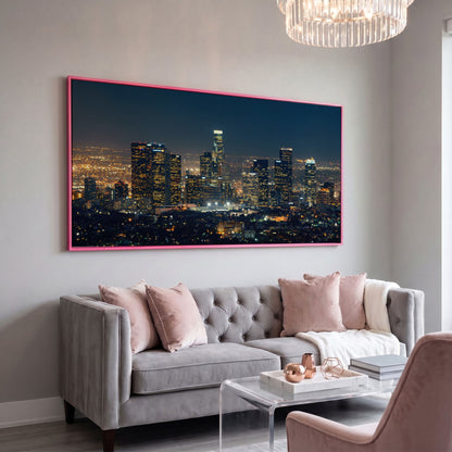 Los Angeles Cityscape Architectural Canvas in pink floating frame