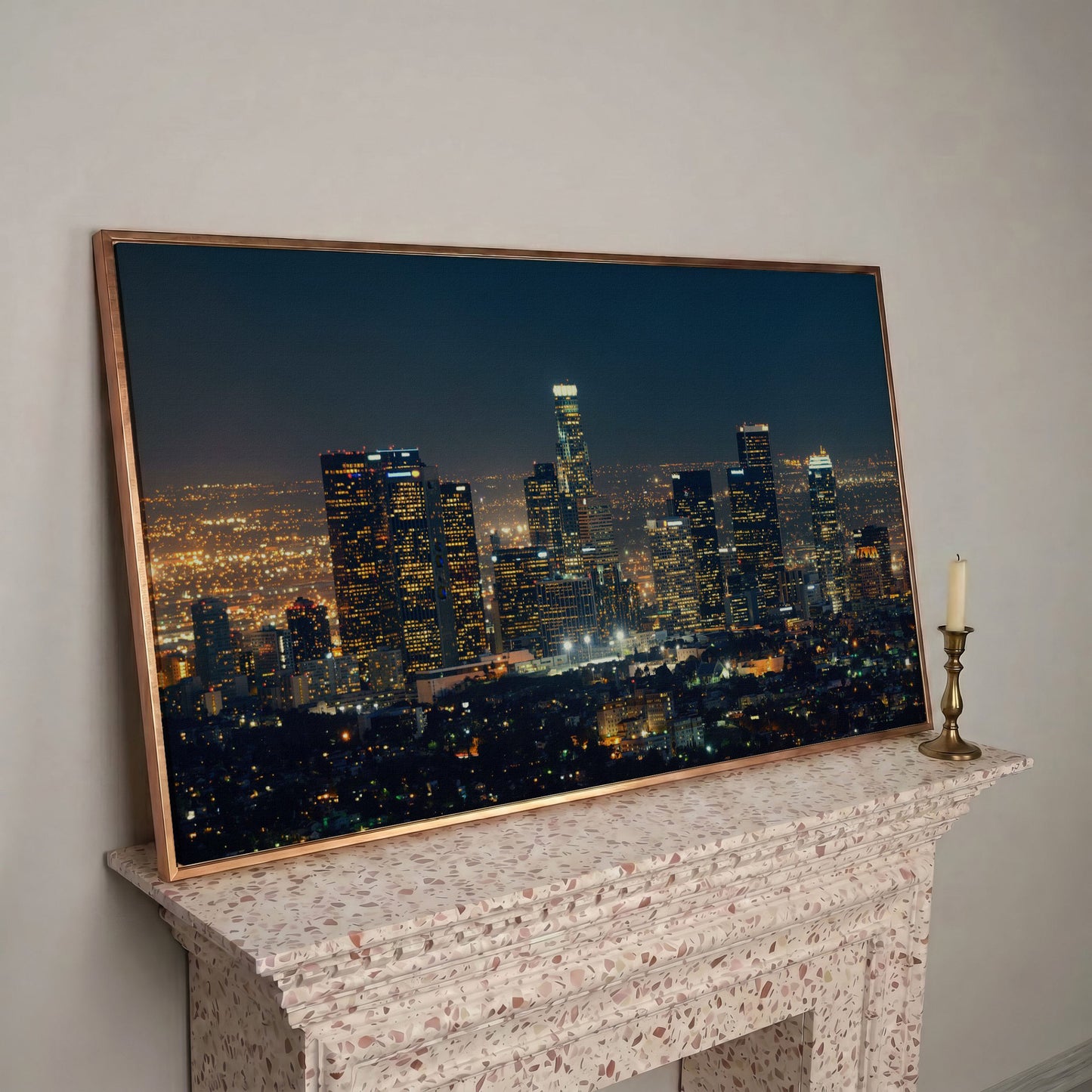 Los Angeles Cityscape Architectural Canvas in rose gold floating frame