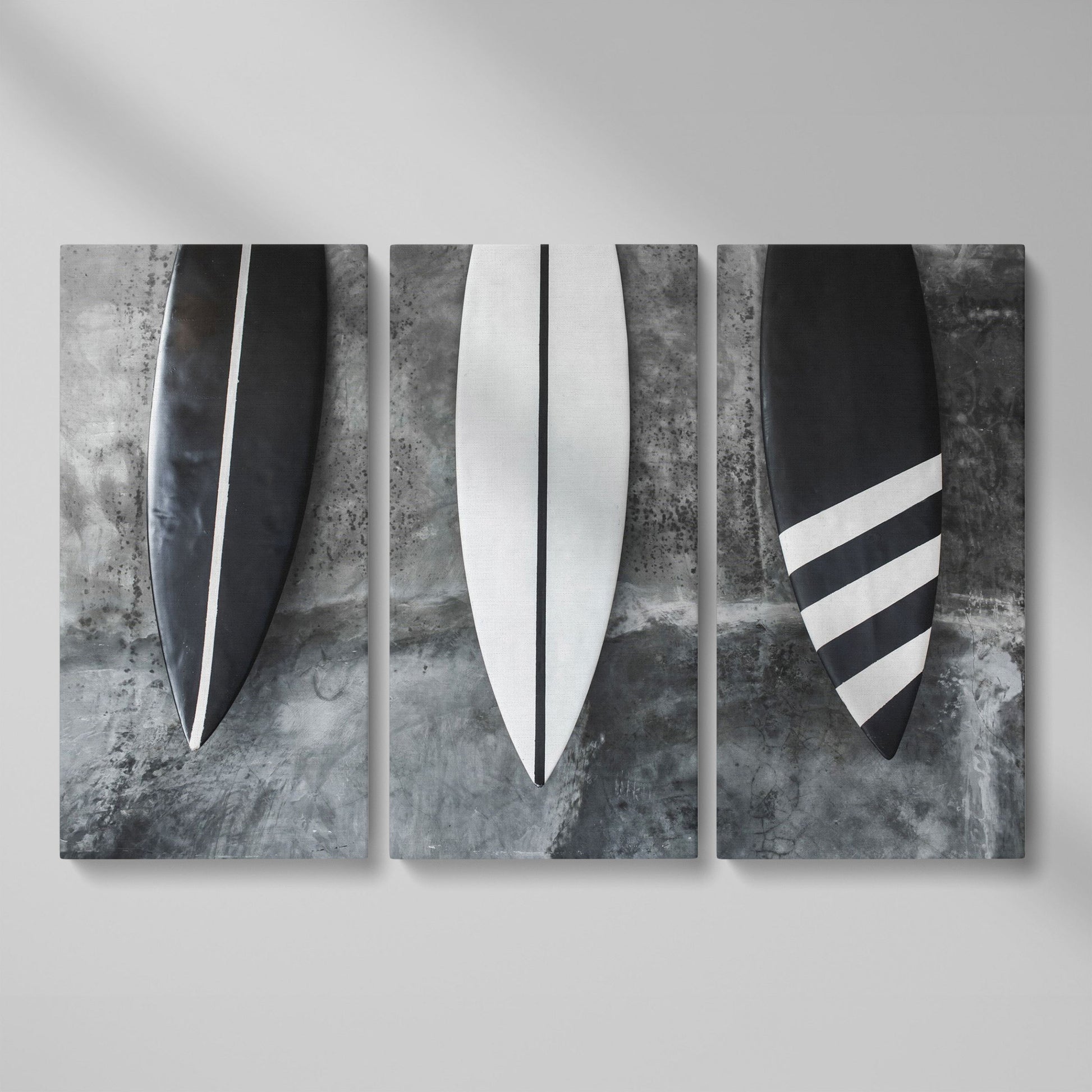Modern Black and White Surfboard Canvas as 3-panel split version