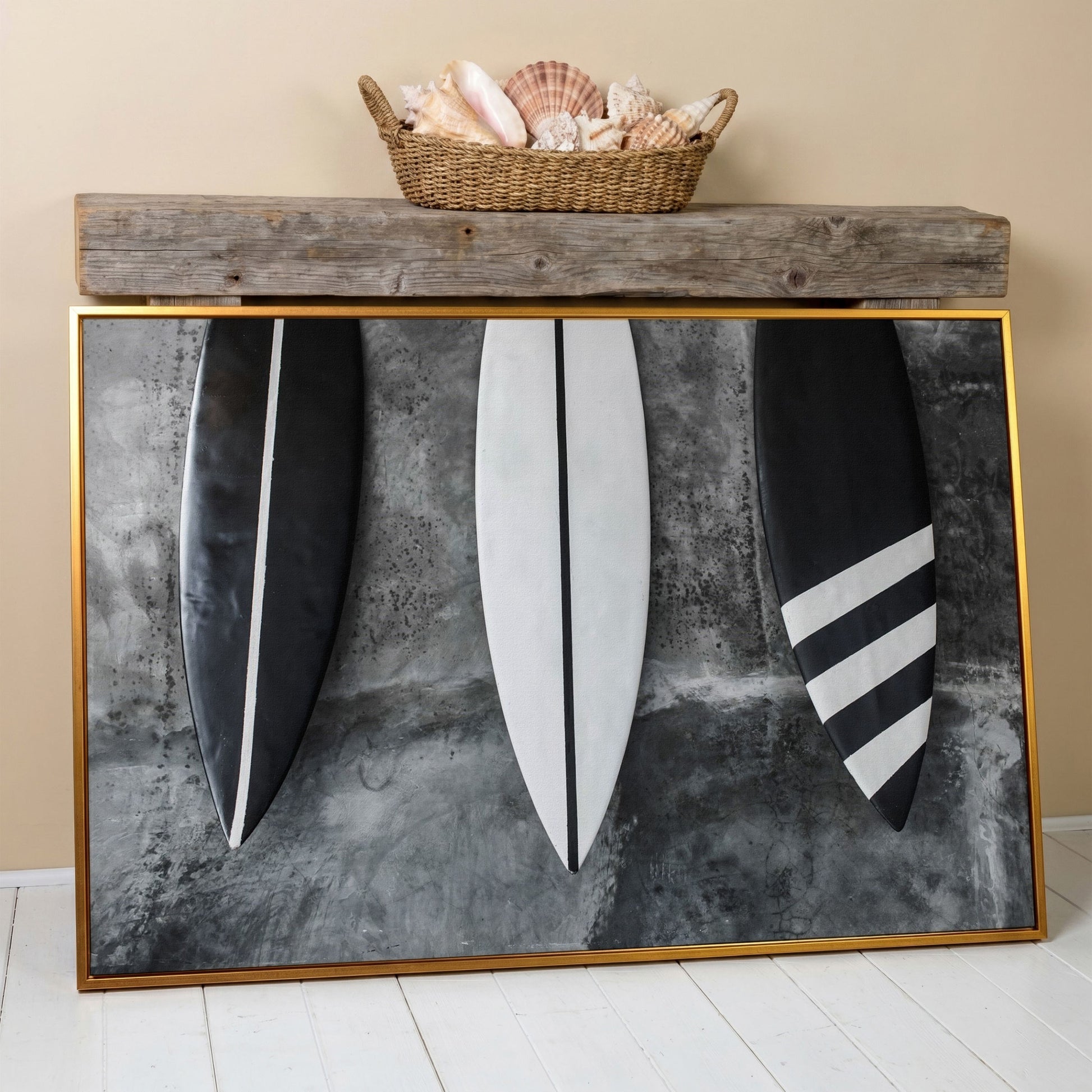 Modern Black and White Surfboard Canvas in antique gold floating frame