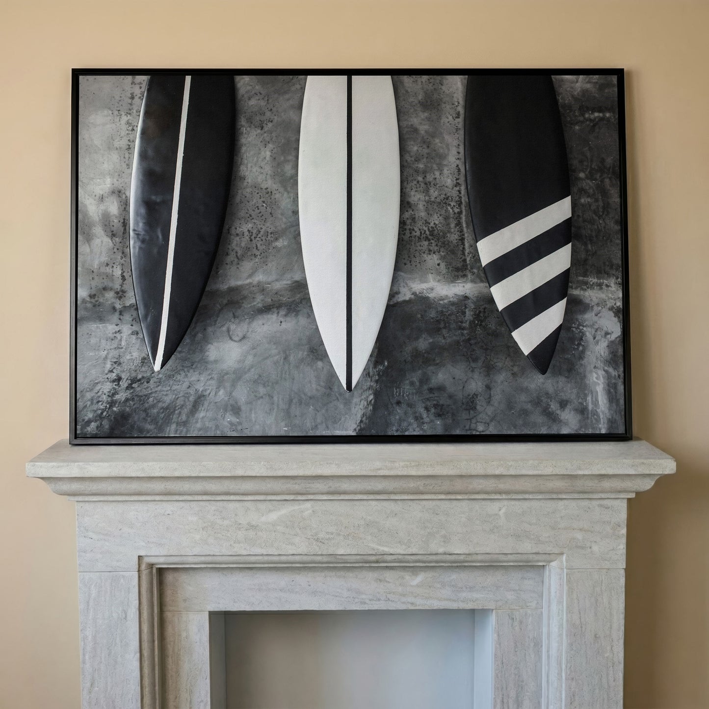 Modern Black and White Surfboard Canvas in black floating frame