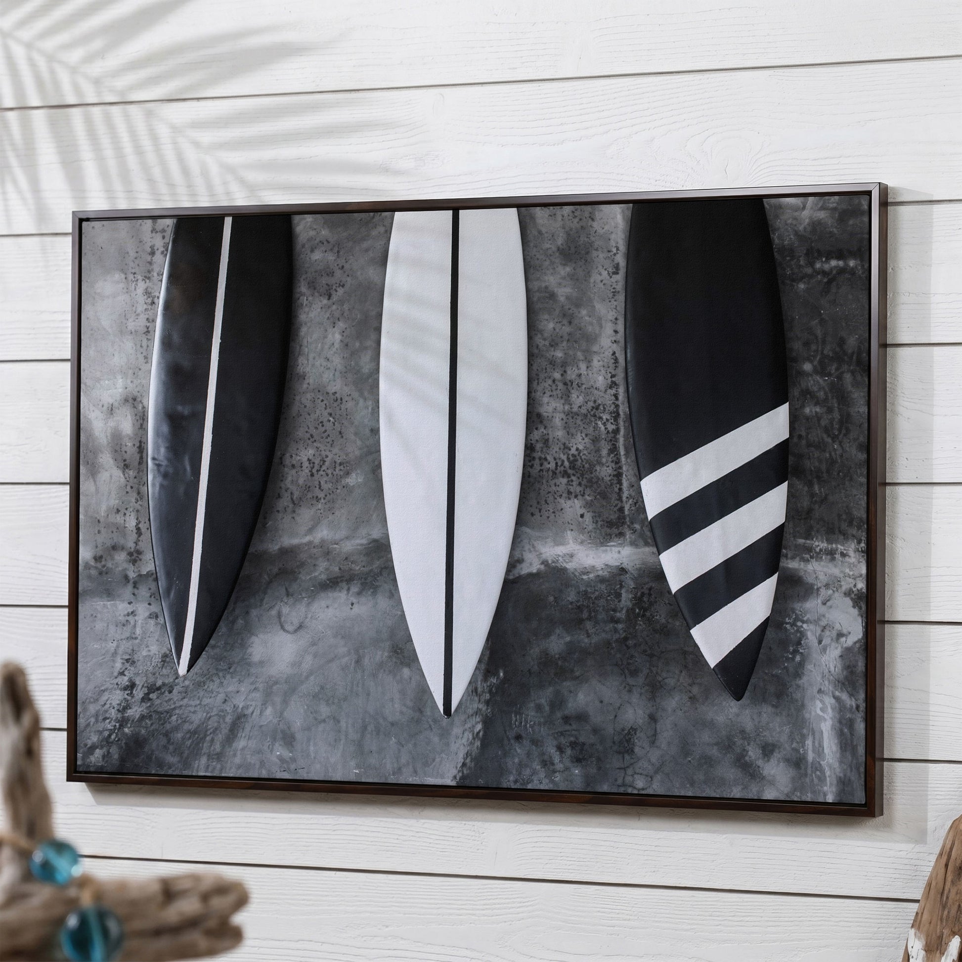 Modern Black and White Surfboard Canvas in dark walnut floating frame