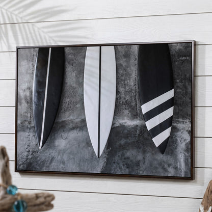 Modern Black and White Surfboard Canvas in dark walnut floating frame