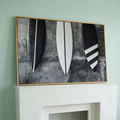 Modern Black and White Surfboard Canvas in white oak floating frame