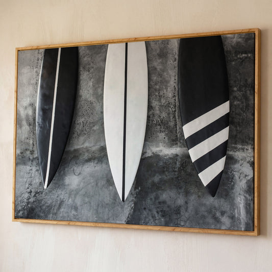 Modern Black and White Surfboard Canvas shown in white oak floating frame