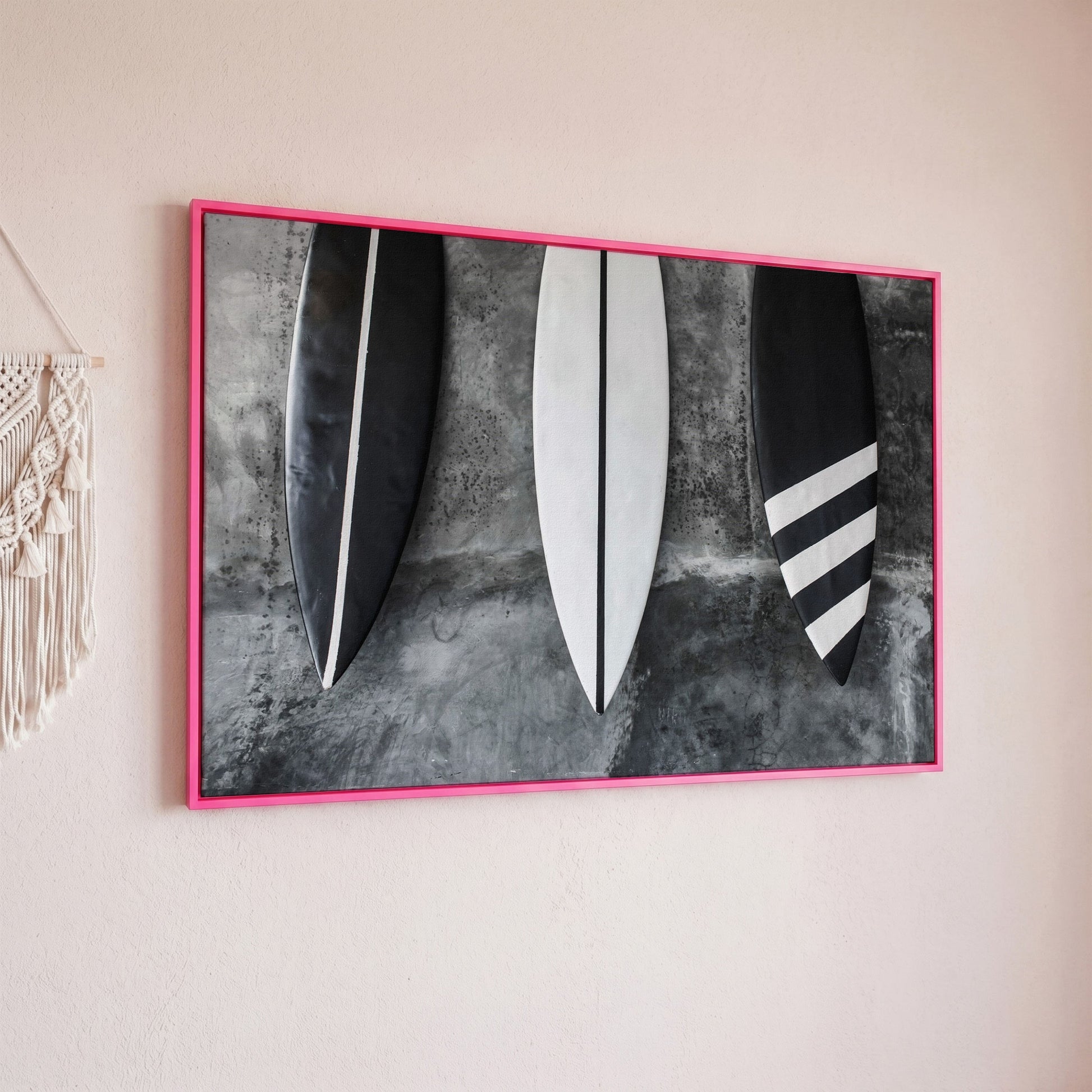 Modern Black and White Surfboard Canvas in pink floating frame