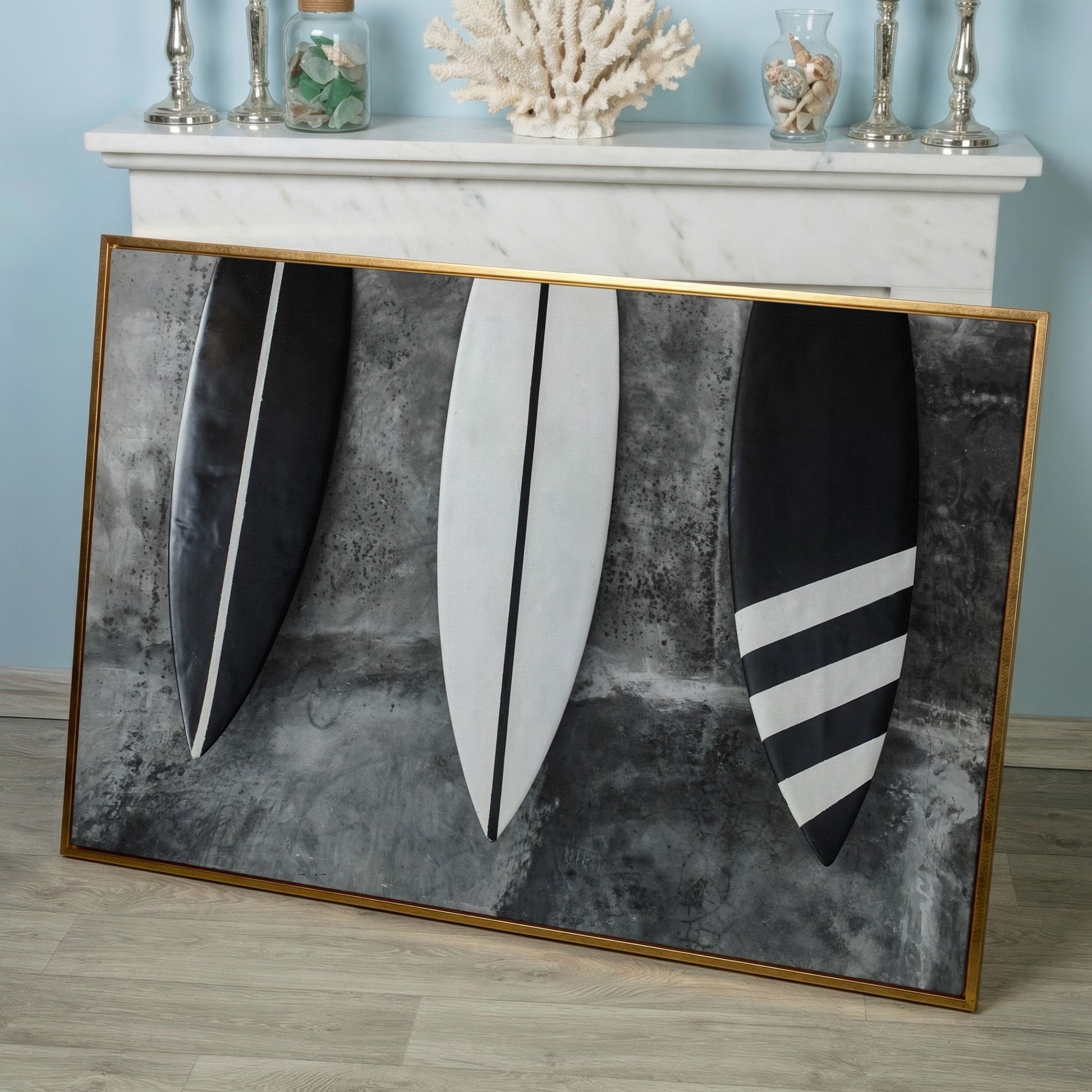 Modern Black and White Surfboard Canvas in rose gold floating frame