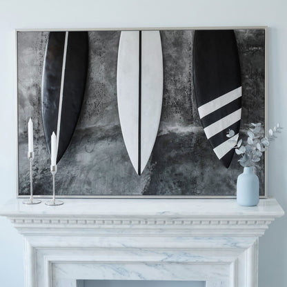 Modern Black and White Surfboard Canvas in silver floating frame
