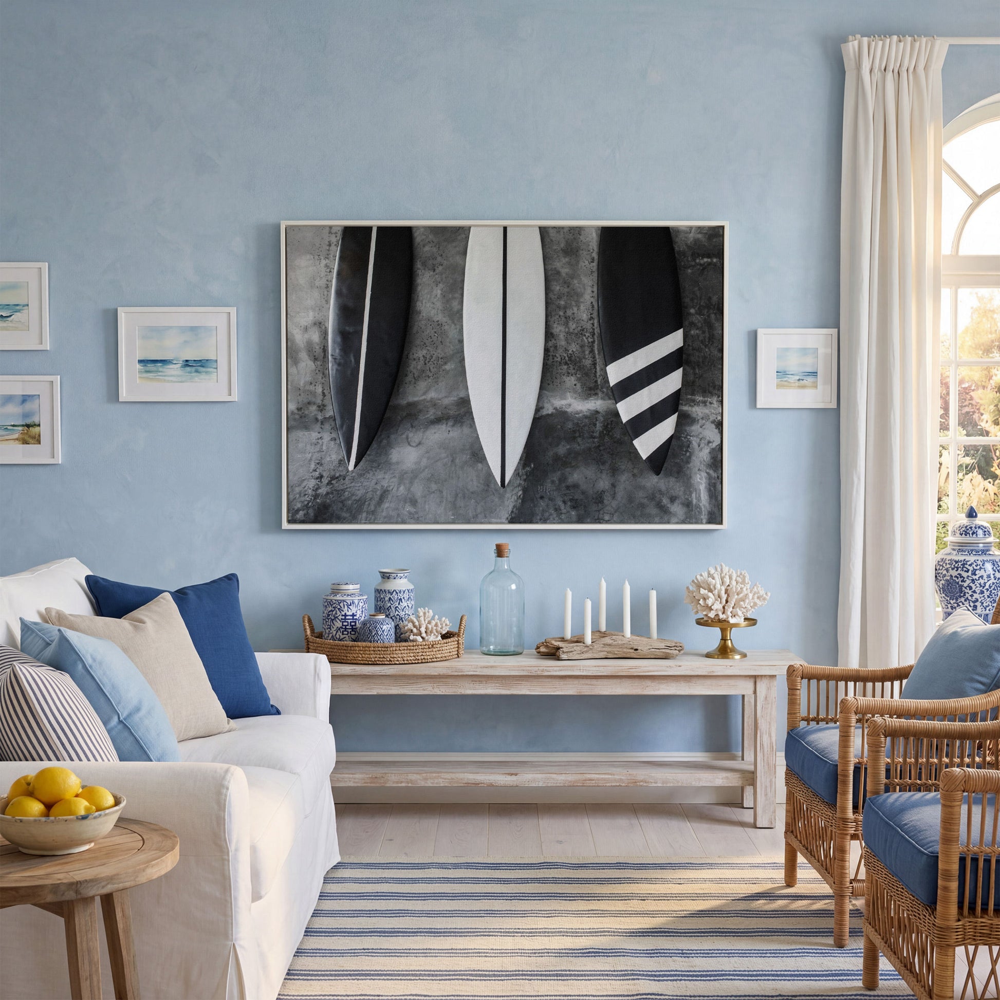 Modern Black and White Surfboard Canvas in white floating frame